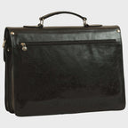 Cartella portanotebook in pelle nera con cerniera frontale e accessori metallici