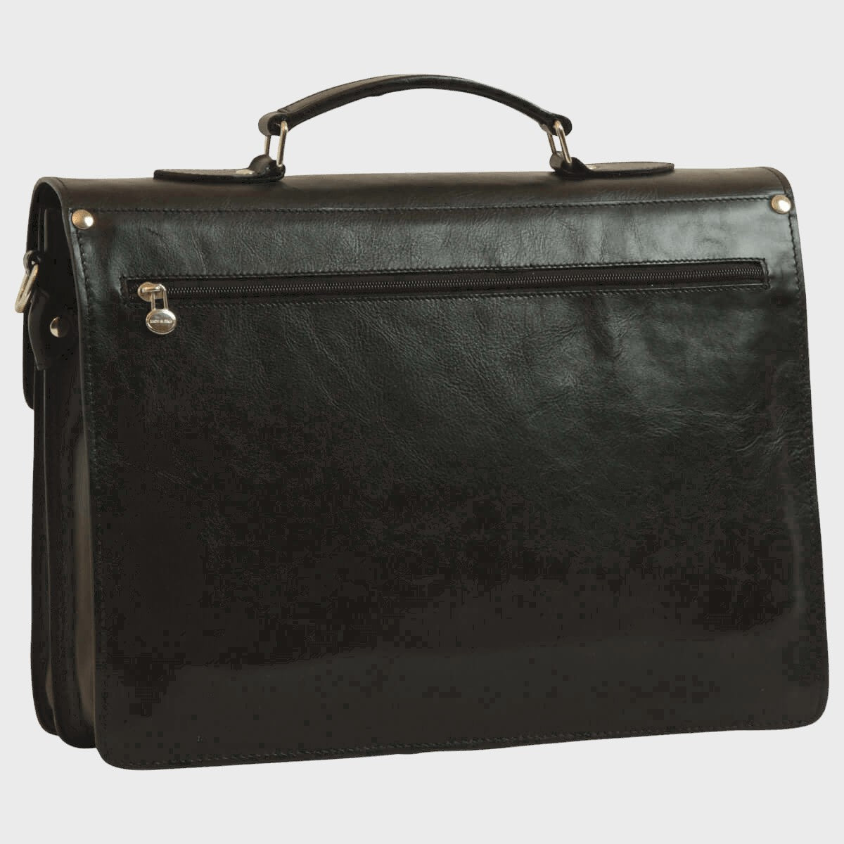 Cartella portanotebook in pelle nera con cerniera frontale e accessori metallici