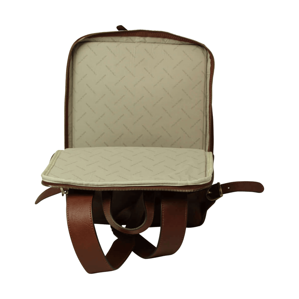 Brown full-grain calfskin backpack, rear view with trolley sleeve and zip closure