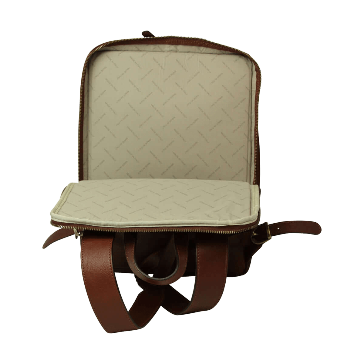 Brown full-grain calfskin backpack, rear view with trolley sleeve and zip closure