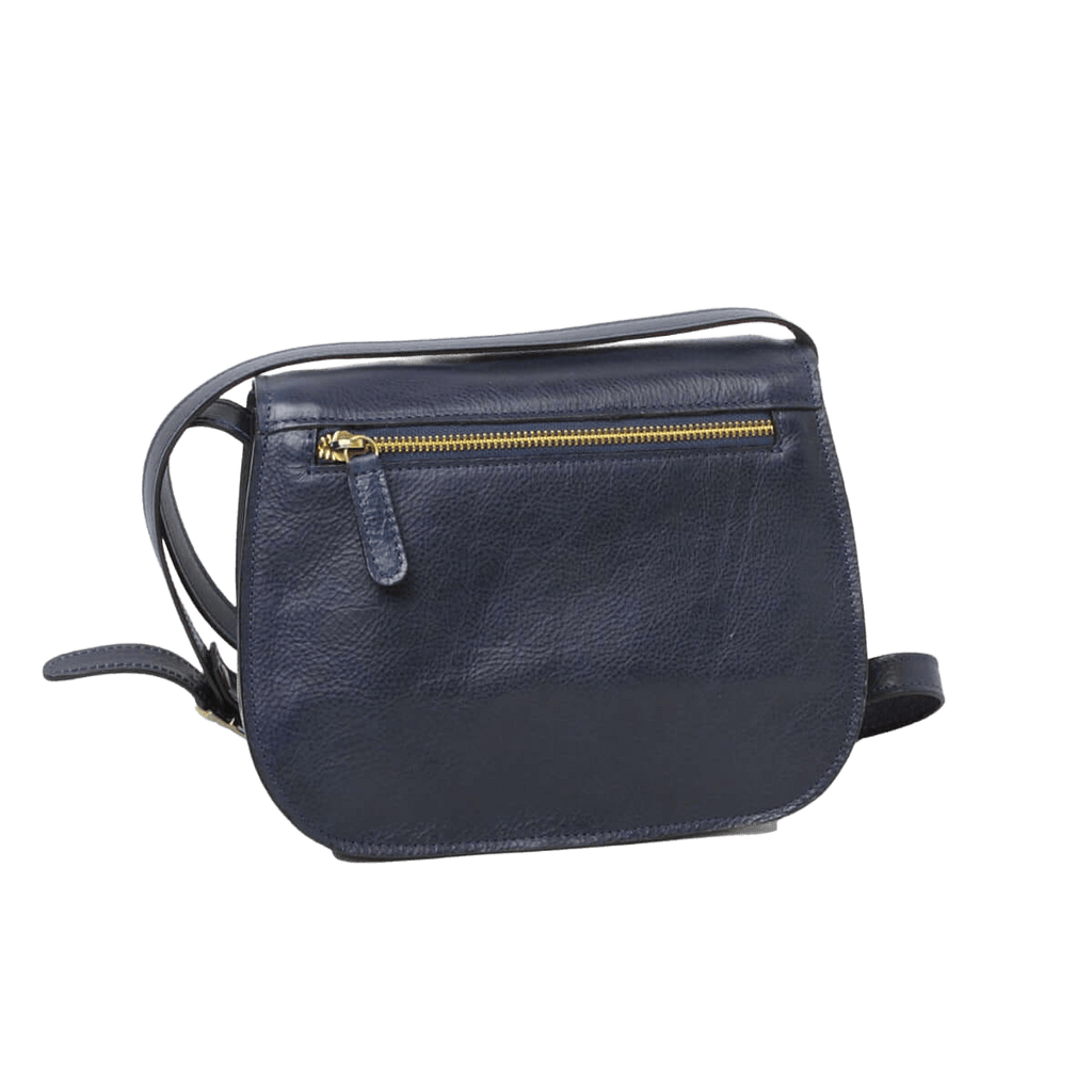 Borsa a tracolla in pelle blu scuro con zip dorata e tasca frontale