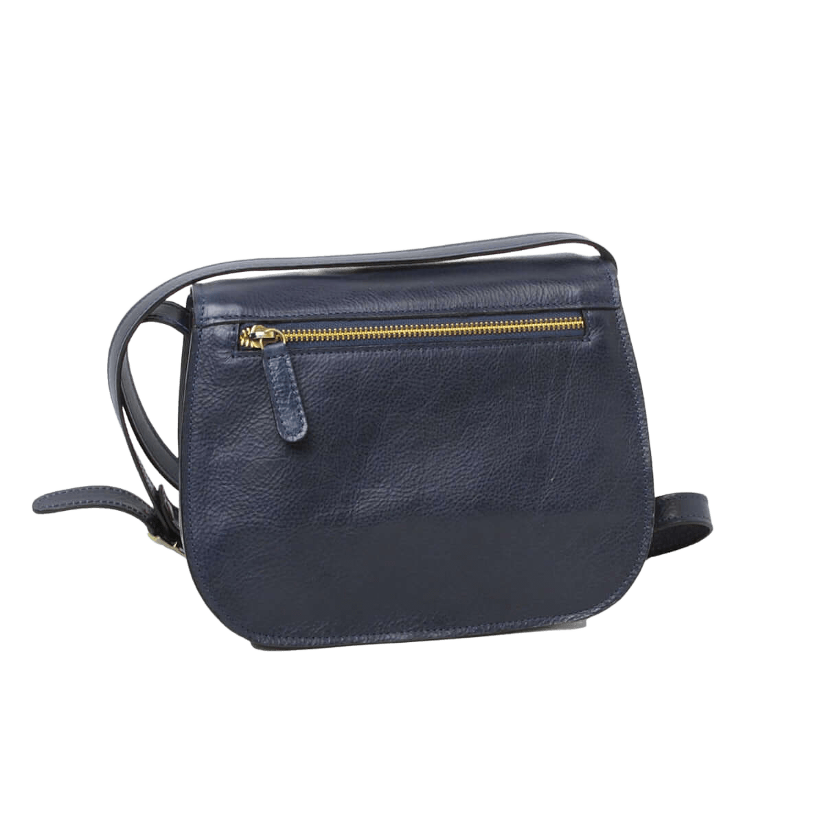 Borsa a tracolla in pelle blu scuro con zip dorata e tasca frontale