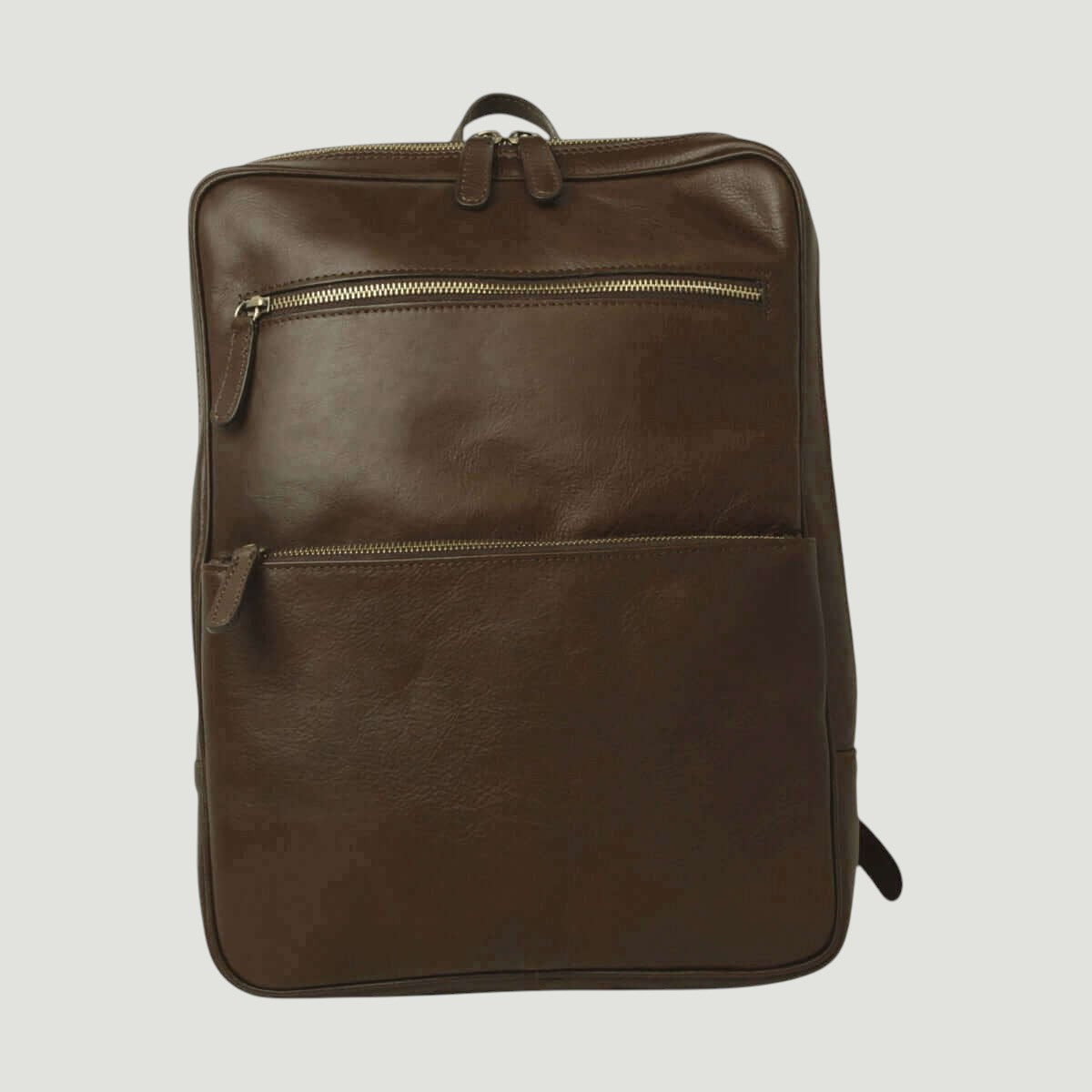 Zaino in pelle di vitello marrone scuro con maniglia e doppia tasca con zip
