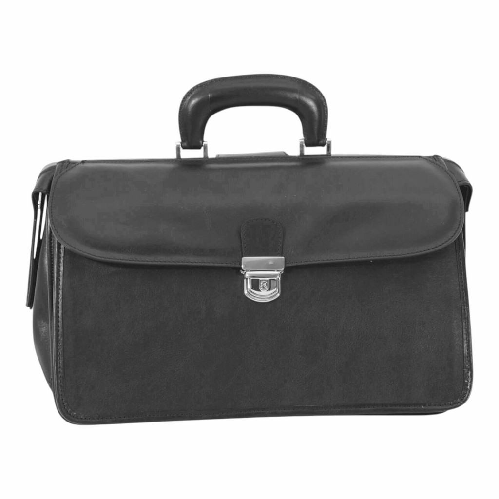 Borsa da medico in pelle nera con pattina superiore e fibbia centrale