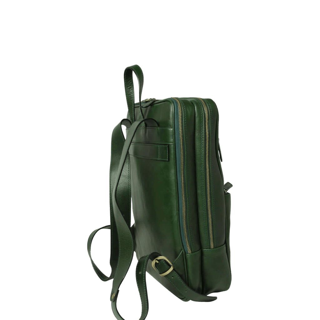 Zaino in pelle verde con fascia per trolley e zip laterali