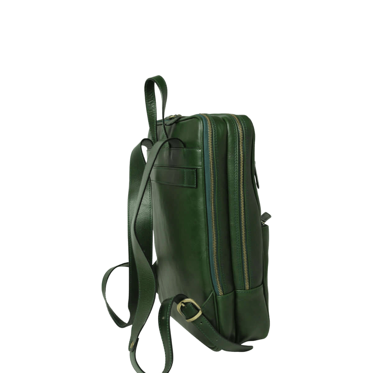 Zaino in pelle verde con fascia per trolley e zip laterali