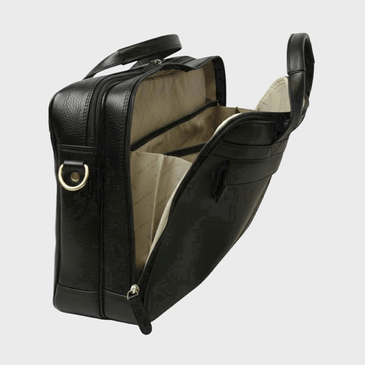 Borsa in pelle nera per laptop aperta, interno beige e dettagli con zip