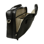 Borsa in pelle nera per laptop aperta: fodera interna e tasca con zip.