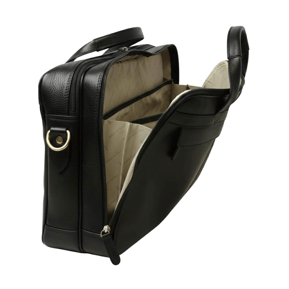 Borsa in pelle nera per laptop aperta: fodera interna e tasca con zip.