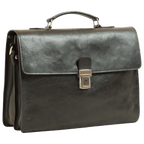 Borsa porta PC in pelle nera con manico e chiusura con fibbia metallica frontale