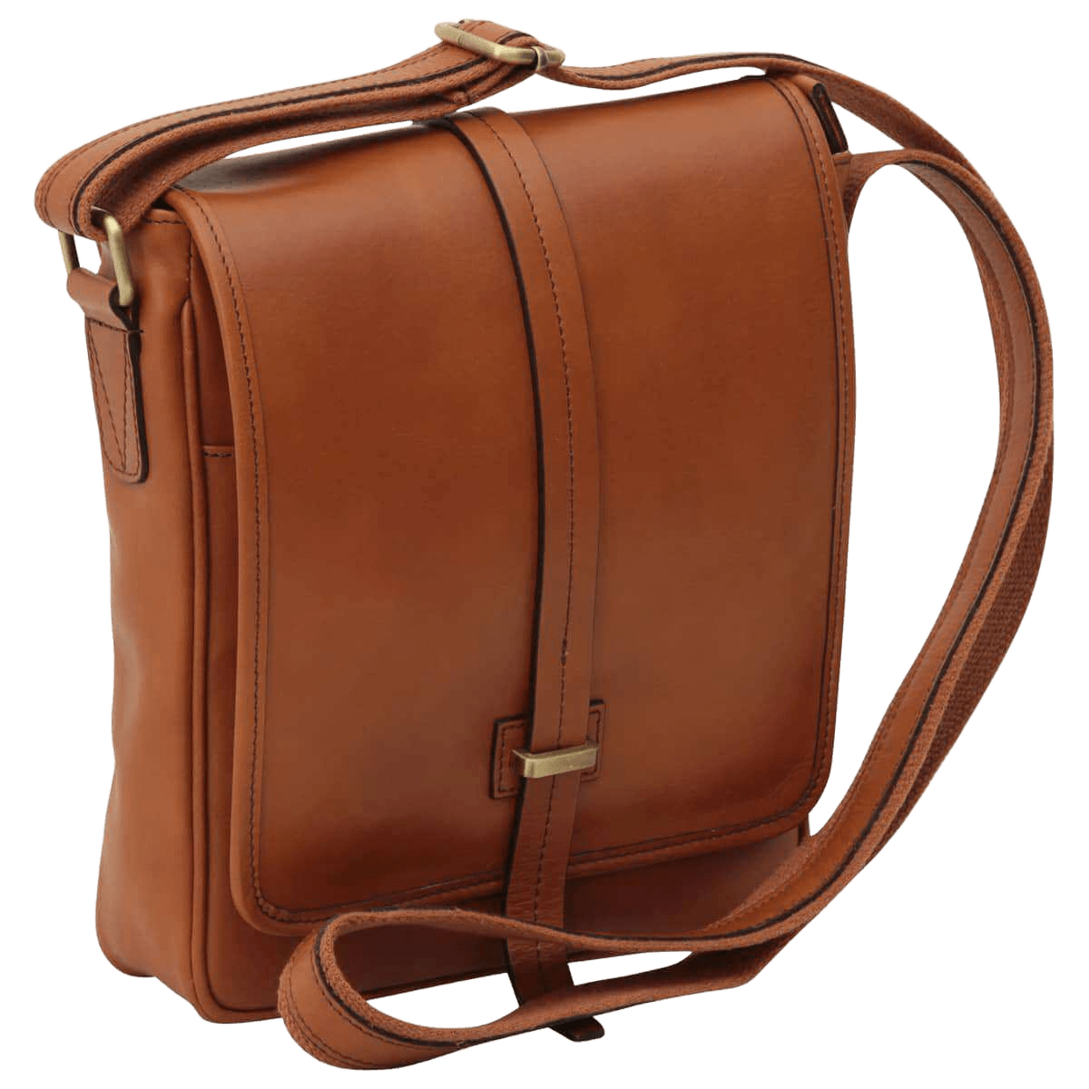 Borsa messenger marrone con patta frontale e chiusura magnetica, tracolla