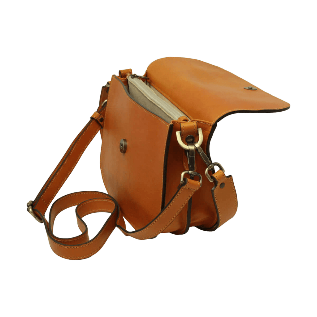 Borsa a tracolla giallo ocra con scomparto aperto e tracolle in pelle.