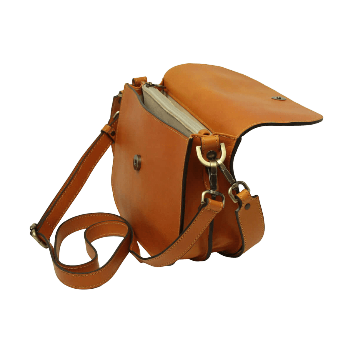 Borsa a tracolla giallo ocra con scomparto aperto e tracolle in pelle.