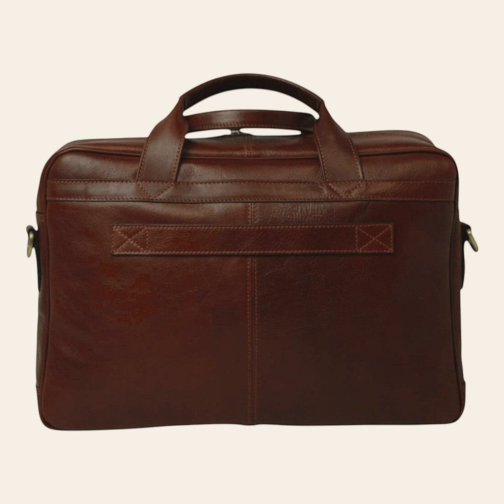 Borsa in pelle marrone per laptop con manico superiore e tasca frontale con zip