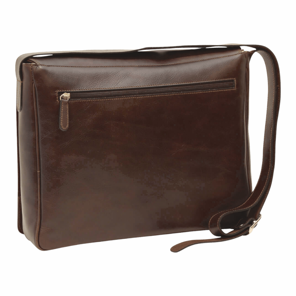 Borsa messenger in pelle testa di moro con zip frontale orizzontale e tracolla
