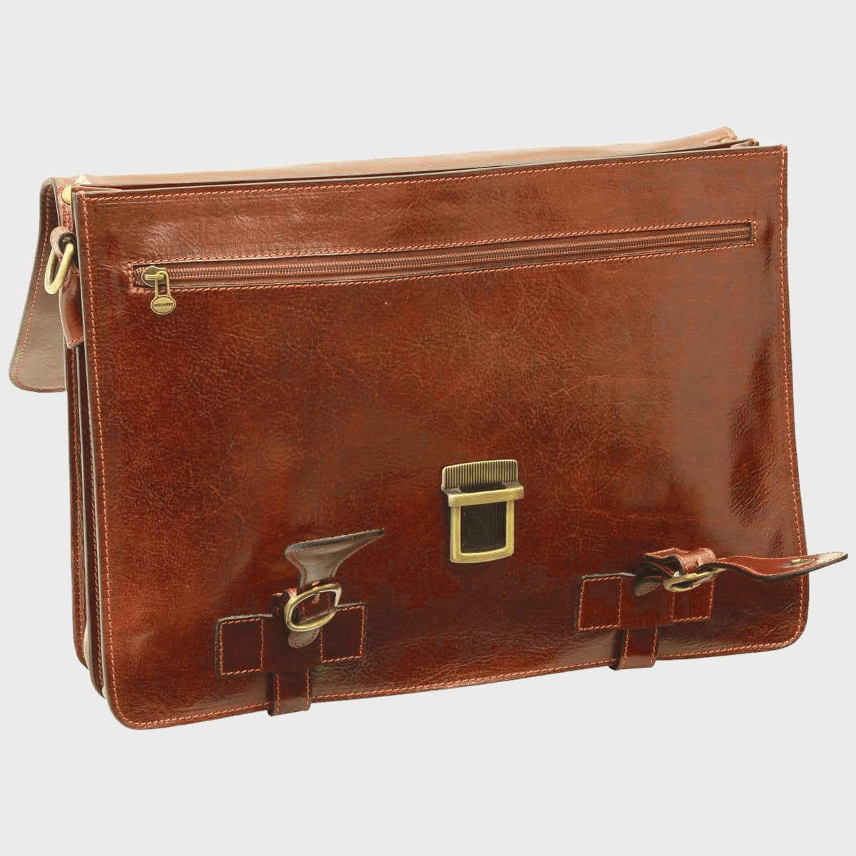 Cartella in pelle marrone con zip superiore e fibbia centrale frontale