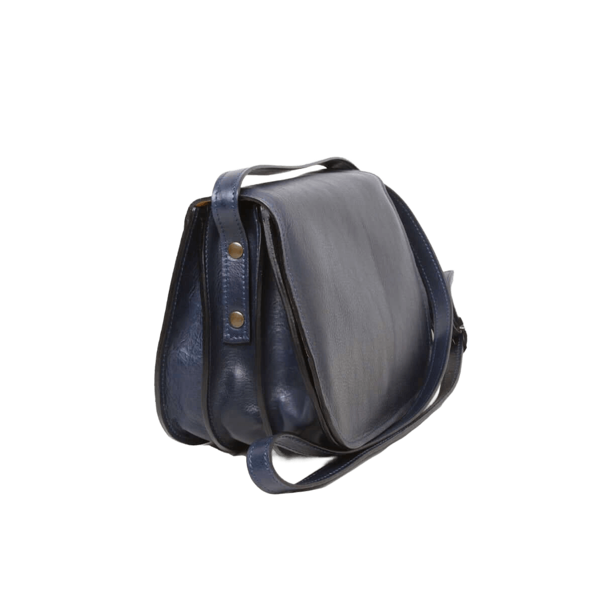 Borsa a tracolla in pelle blu scuro con patta sagomata e fibbie laterali