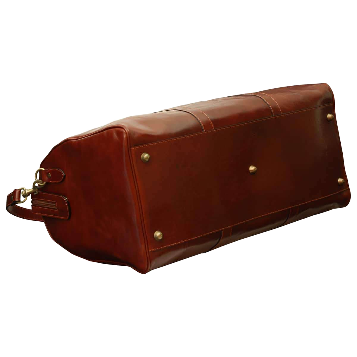 Borsa da viaggio weekend marrone in pelle, lati con bottoni metallici e tracolla