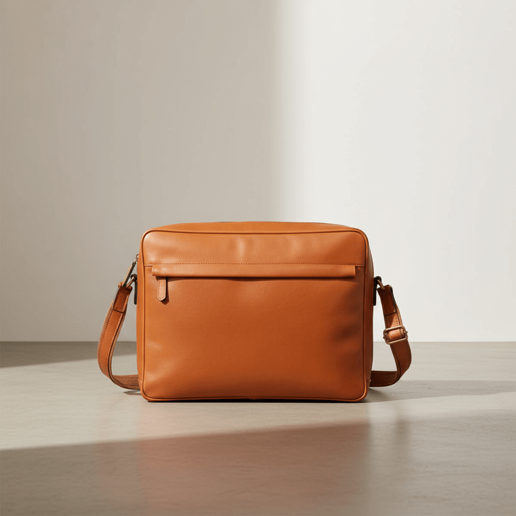 Borsa messenger in pelle marrone con tracolla e zip superiore, vista frontale