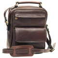 Borsa a tracolla in pelle marrone scuro con tasca frontale e chiusura superiore.