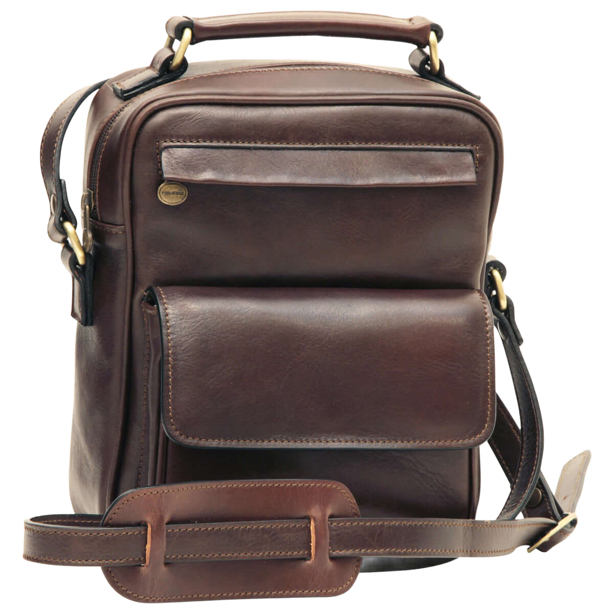 Borsa a tracolla in pelle marrone scuro con tasca frontale e chiusura superiore.