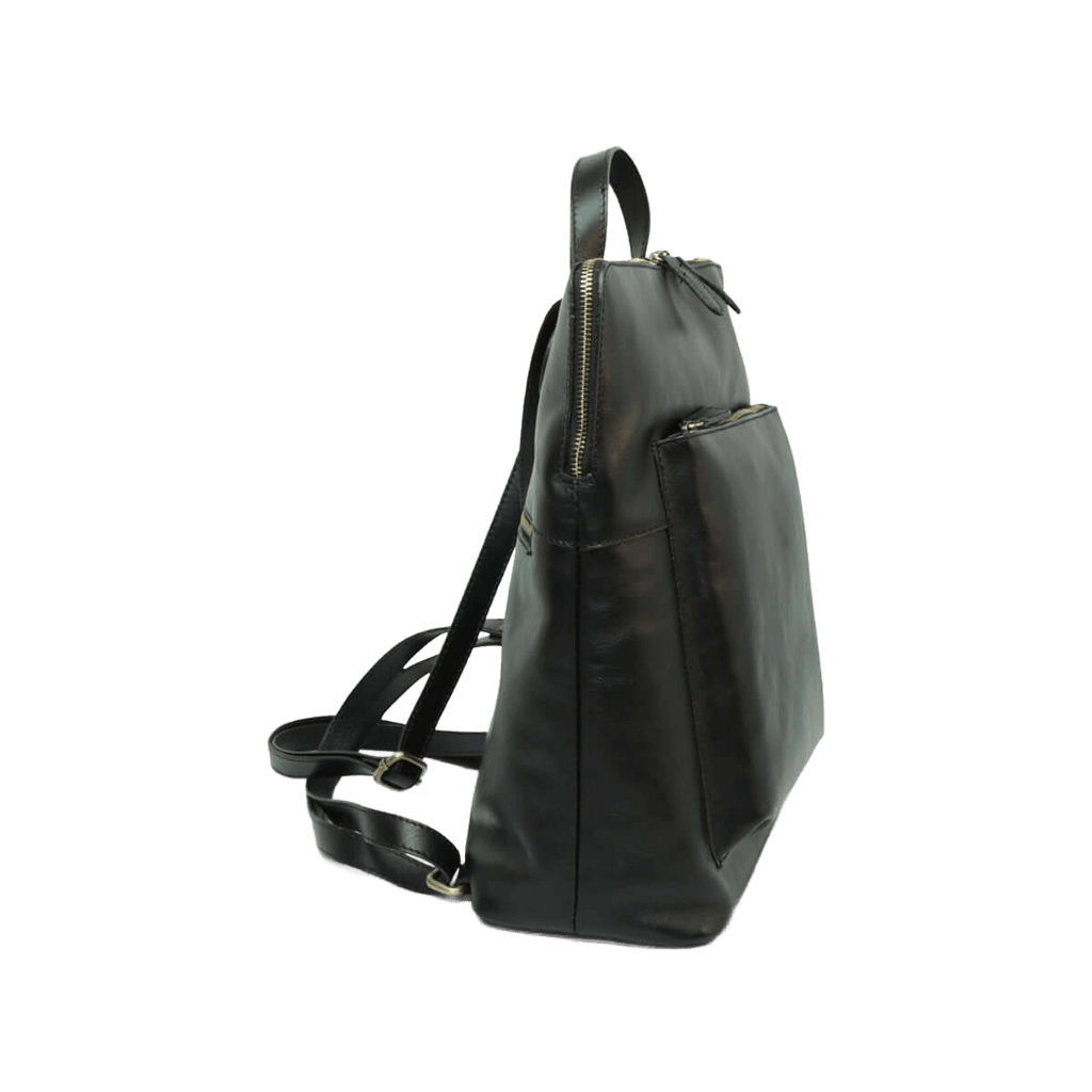 Zaino in pelle nera laterale con zip e tracolla con fibbie