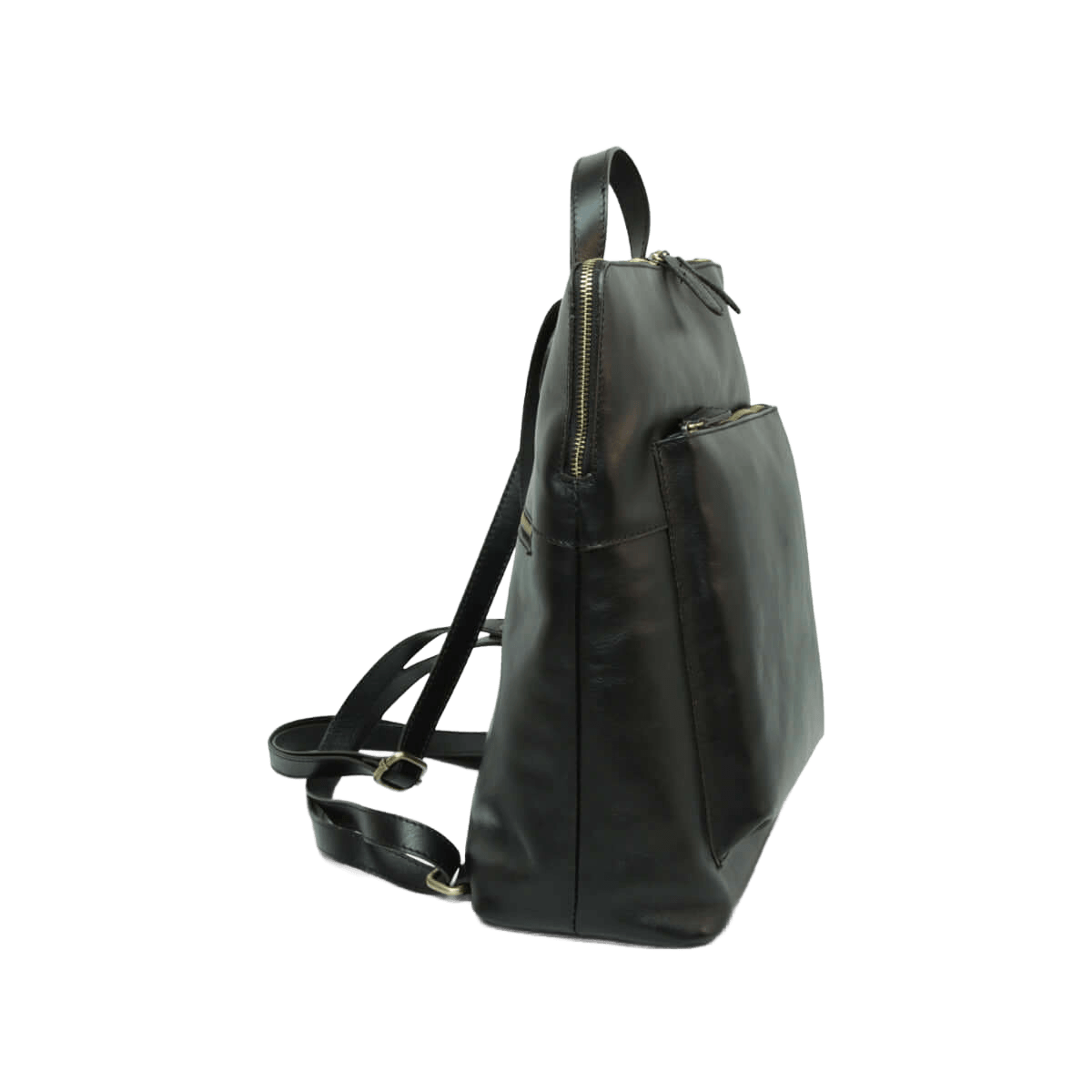 Zaino in pelle nera laterale con zip e tracolla con fibbie