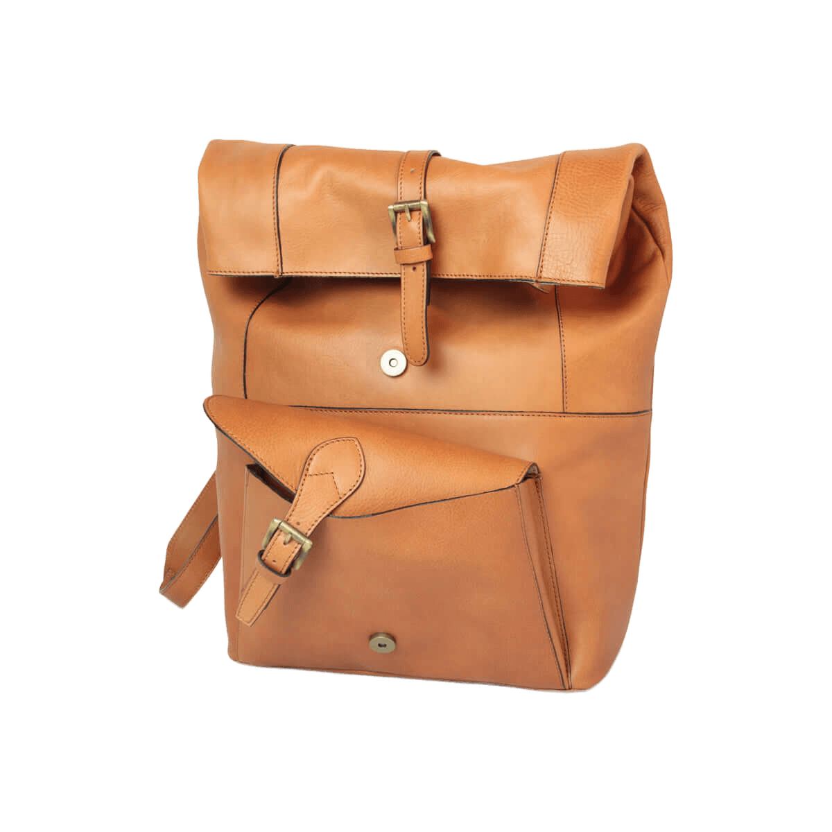 Zaino in pelle cuoio con pattina superiore e chiusura frontale con bottone.