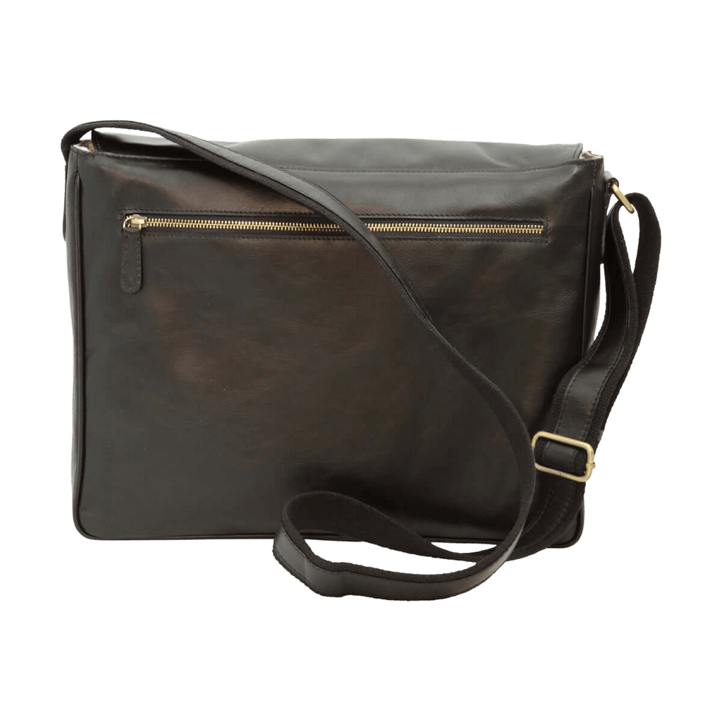 Borsa messenger in pelle nera con zip dorata e tracolla
