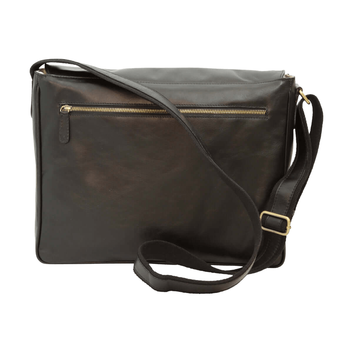 Borsa messenger in pelle nera con zip dorata e tracolla
