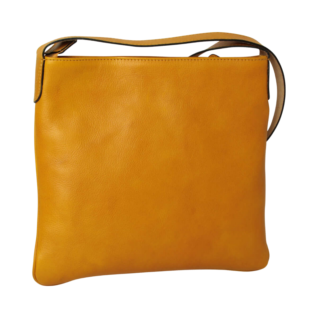 Borsa a tracolla giallo ocra in pelle con tracolla e cuciture