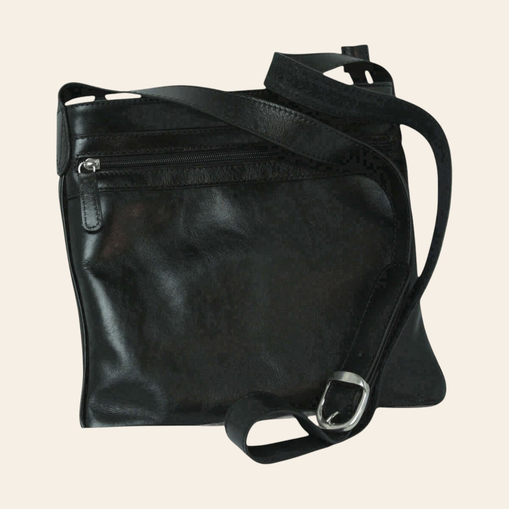 Borsa a tracolla grande in pelle nera con zip e tracolla regolabile