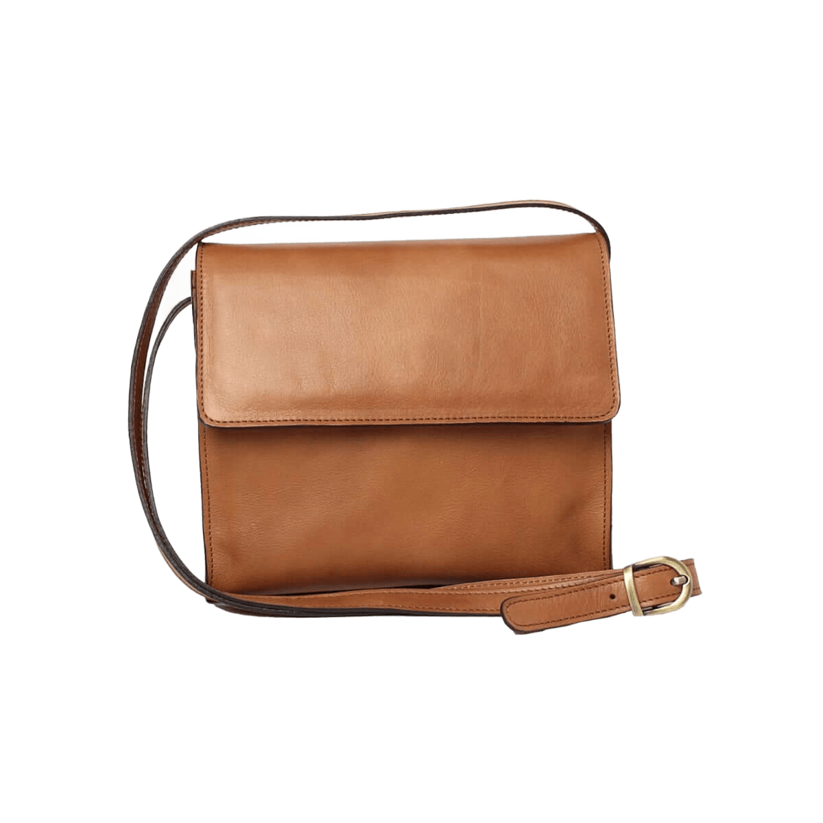 Borsa a tracolla in pelle color cuoio con patta e tracolla regolabile.