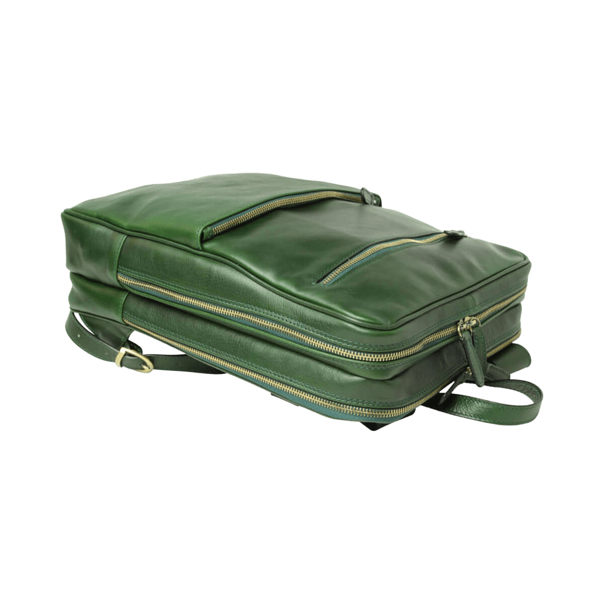 Zaino in pelle verde con cerniera superiore e zip frontale