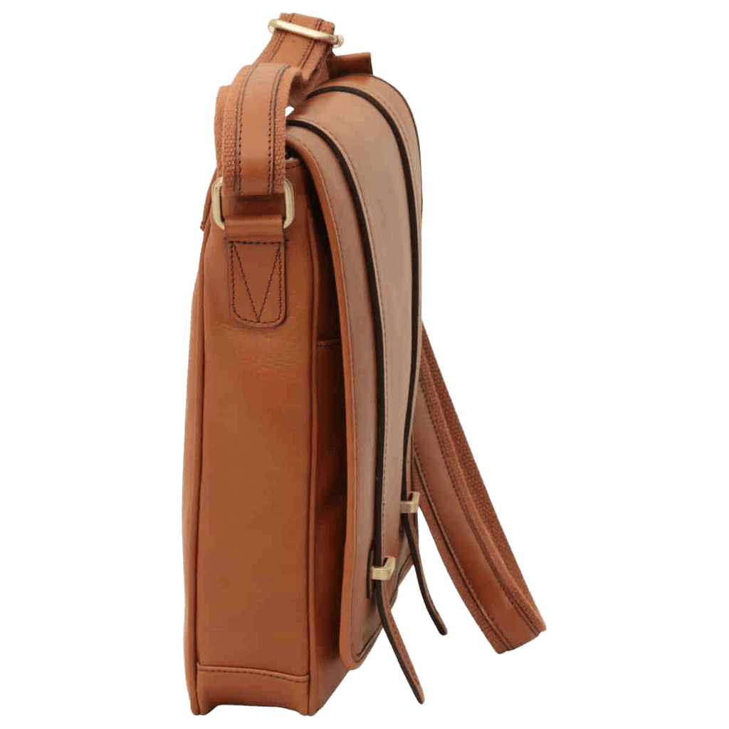 Borsa messenger marrone con manico corto e tracolla, fibbia regolabile