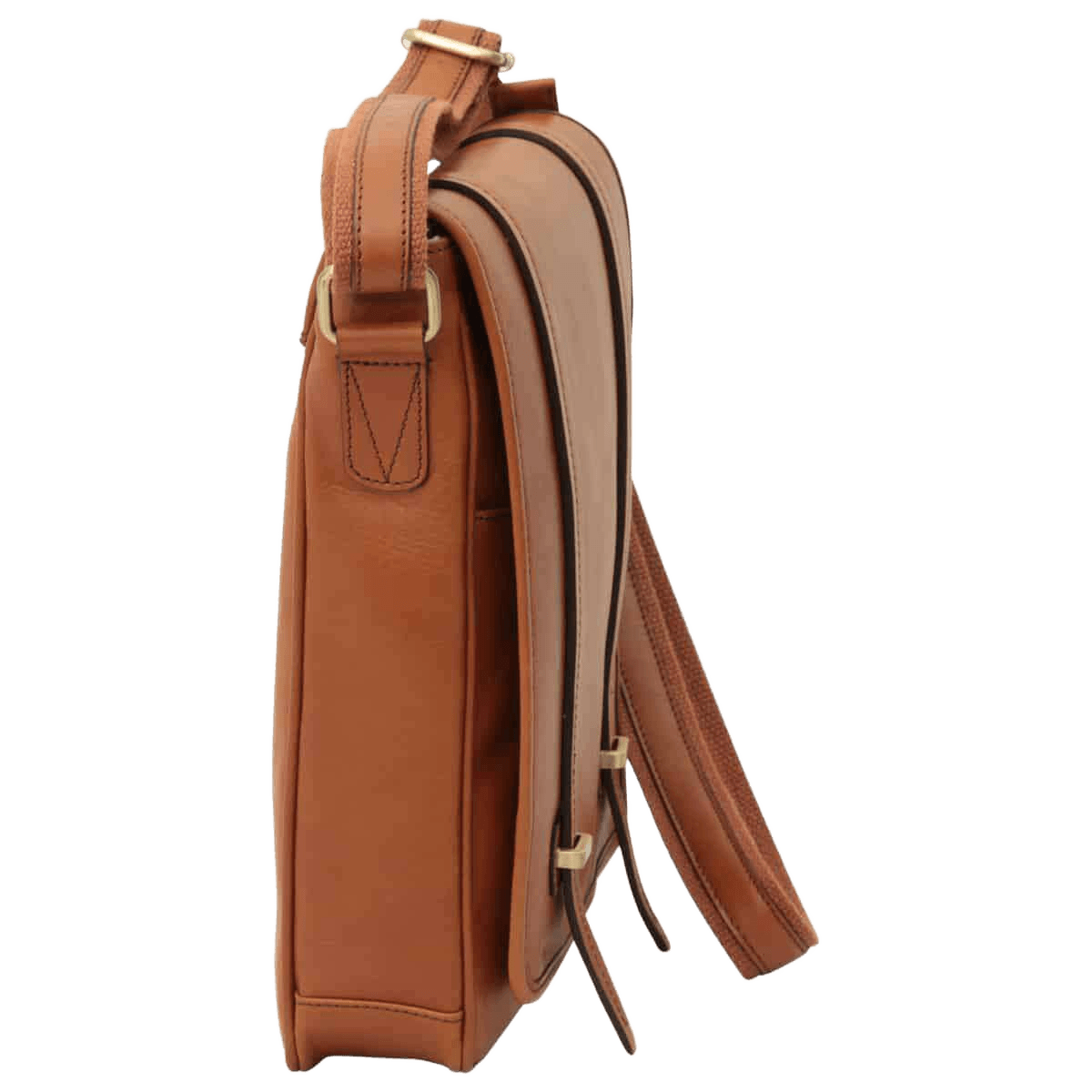 Borsa messenger marrone con manico corto e tracolla, fibbia regolabile