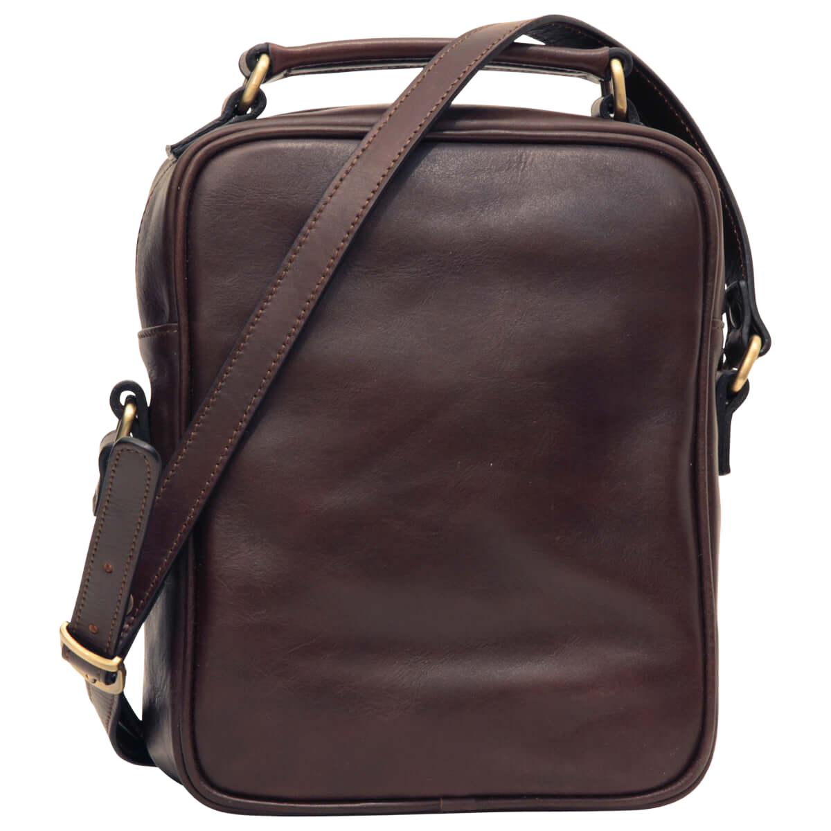 Borsa a tracolla marrone scuro con maniglia superiore e tracolla regolabile.