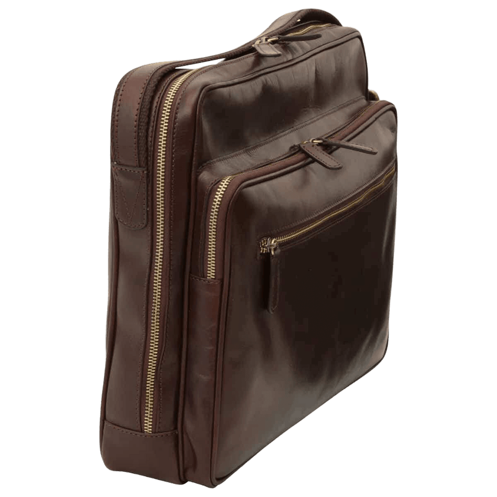 Borsa messenger in pelle marrone scuro grande vista laterale con scomparti a zip
