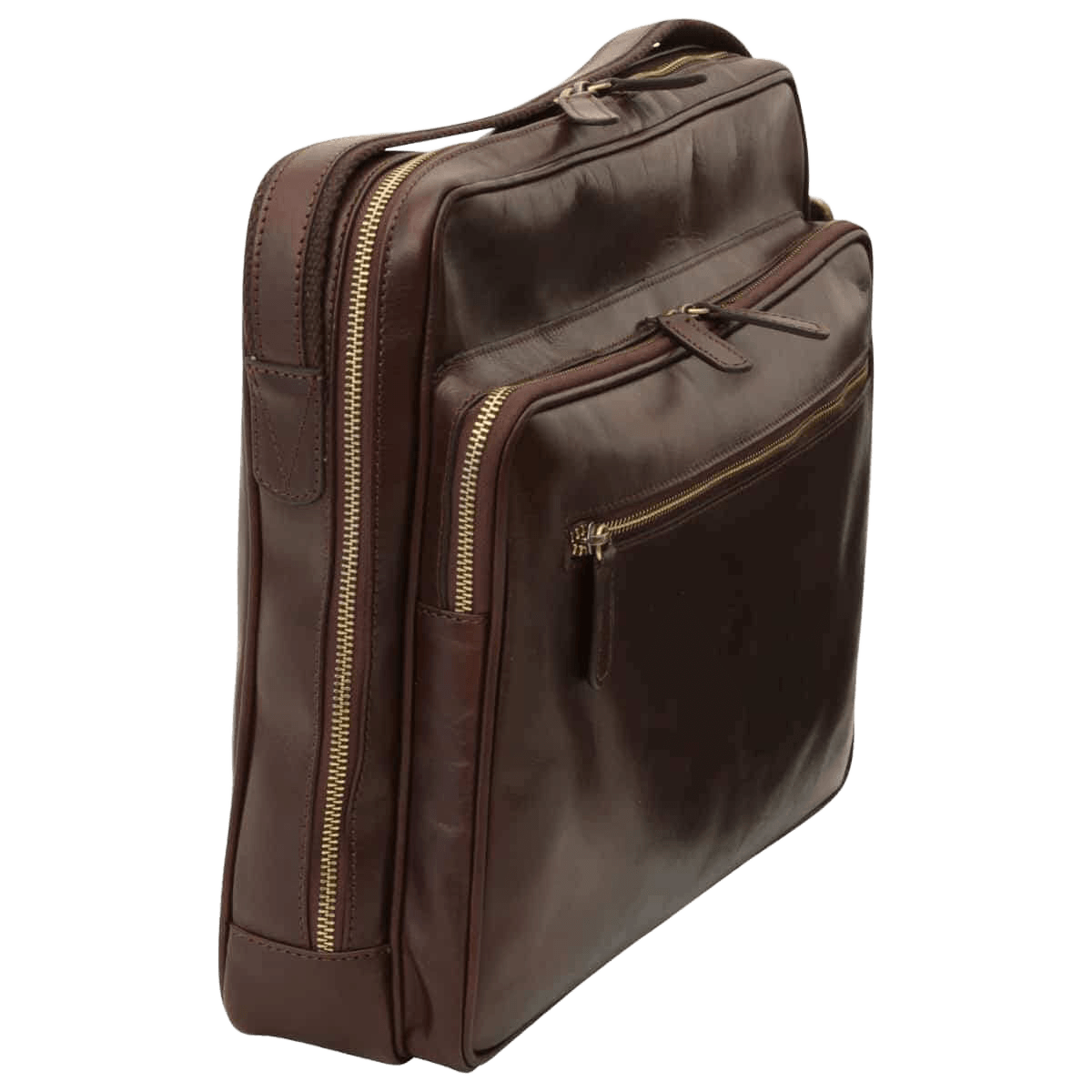 Borsa messenger in pelle marrone scuro grande vista laterale con scomparti a zip