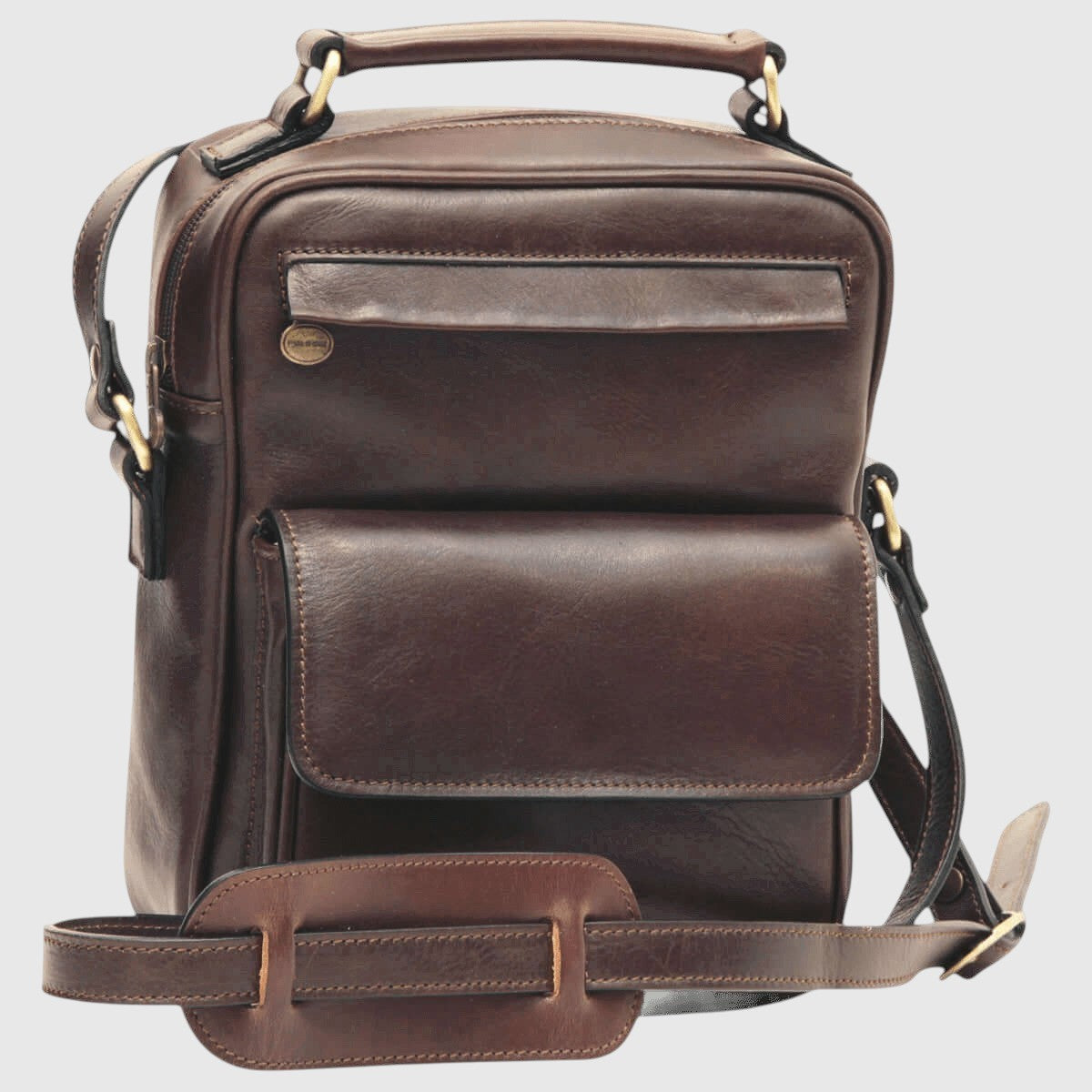 Borsa a tracolla in pelle marrone scuro con tasca frontale con patta e maniglia superiore