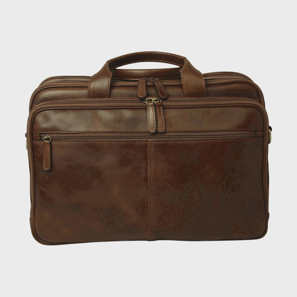 Borsa per laptop in pelle castagna, doppia chiusura con cerniera frontale.
