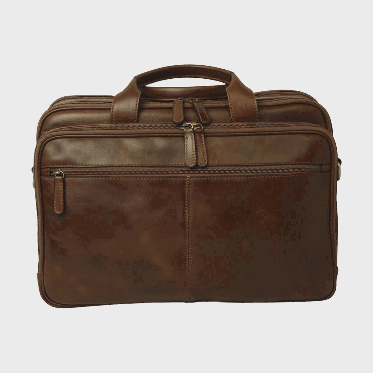 Borsa per laptop in pelle castagna, doppia chiusura con cerniera frontale.