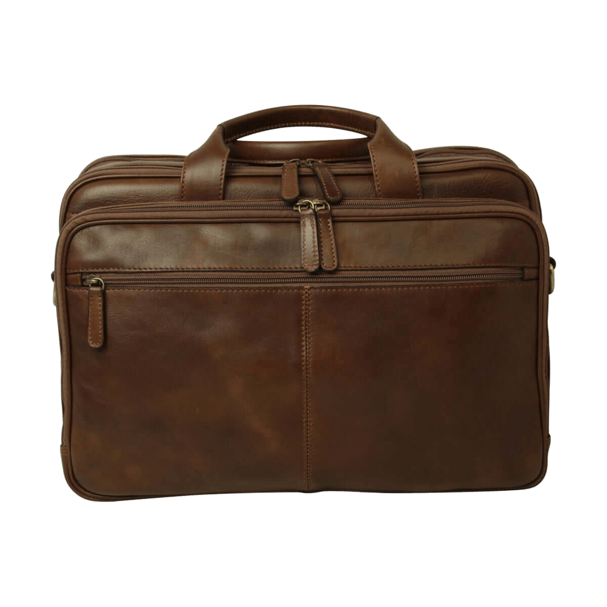 Borsa per laptop in pelle marrone con manico e tasche con zip frontali