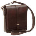 Tracolla messenger marrone scuro in pelle, patta con chiusura magnetica e tracolla.