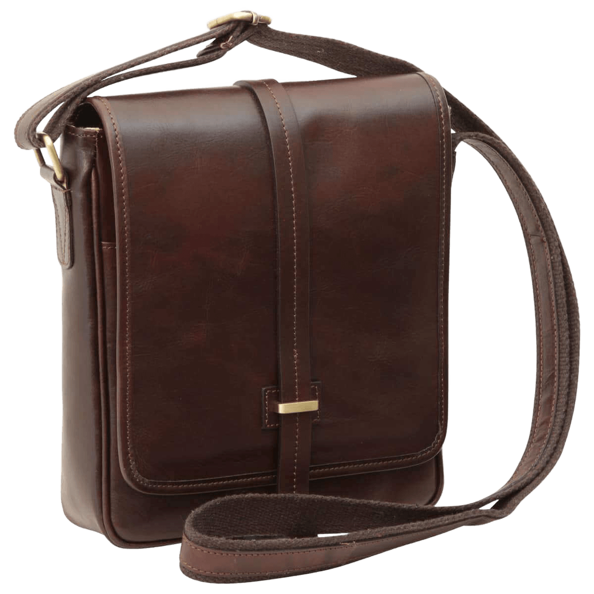 Tracolla messenger marrone scuro in pelle, patta con chiusura magnetica e tracolla.