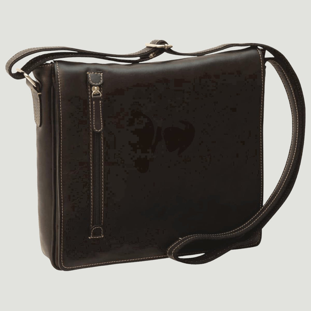 Borsa a tracolla in pelle nera con patta e maniglia superiore, tracolla in cuoio
