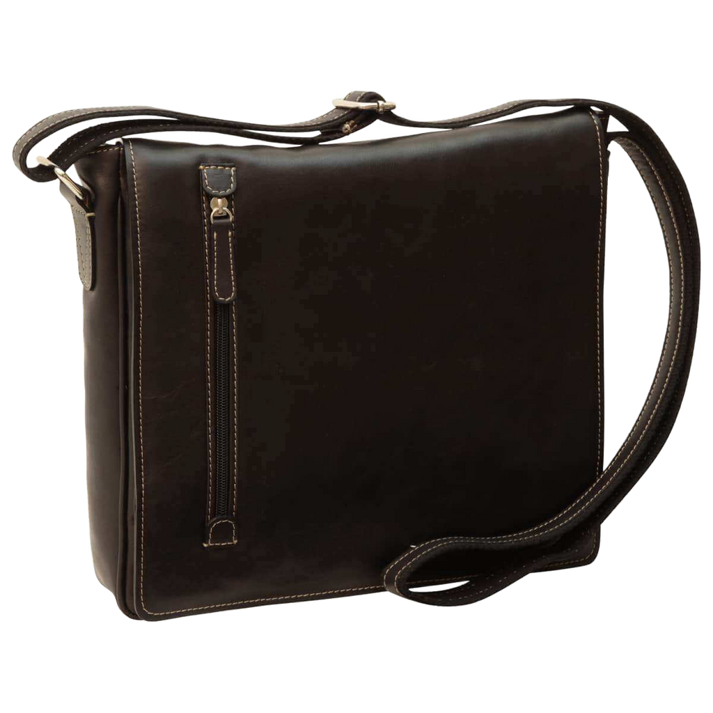 Borsa messenger in pelle nera con chiusura a fibbia e cuciture verticali