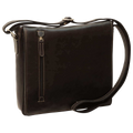 Borsa messenger in pelle nera con chiusura a fibbia e cuciture verticali