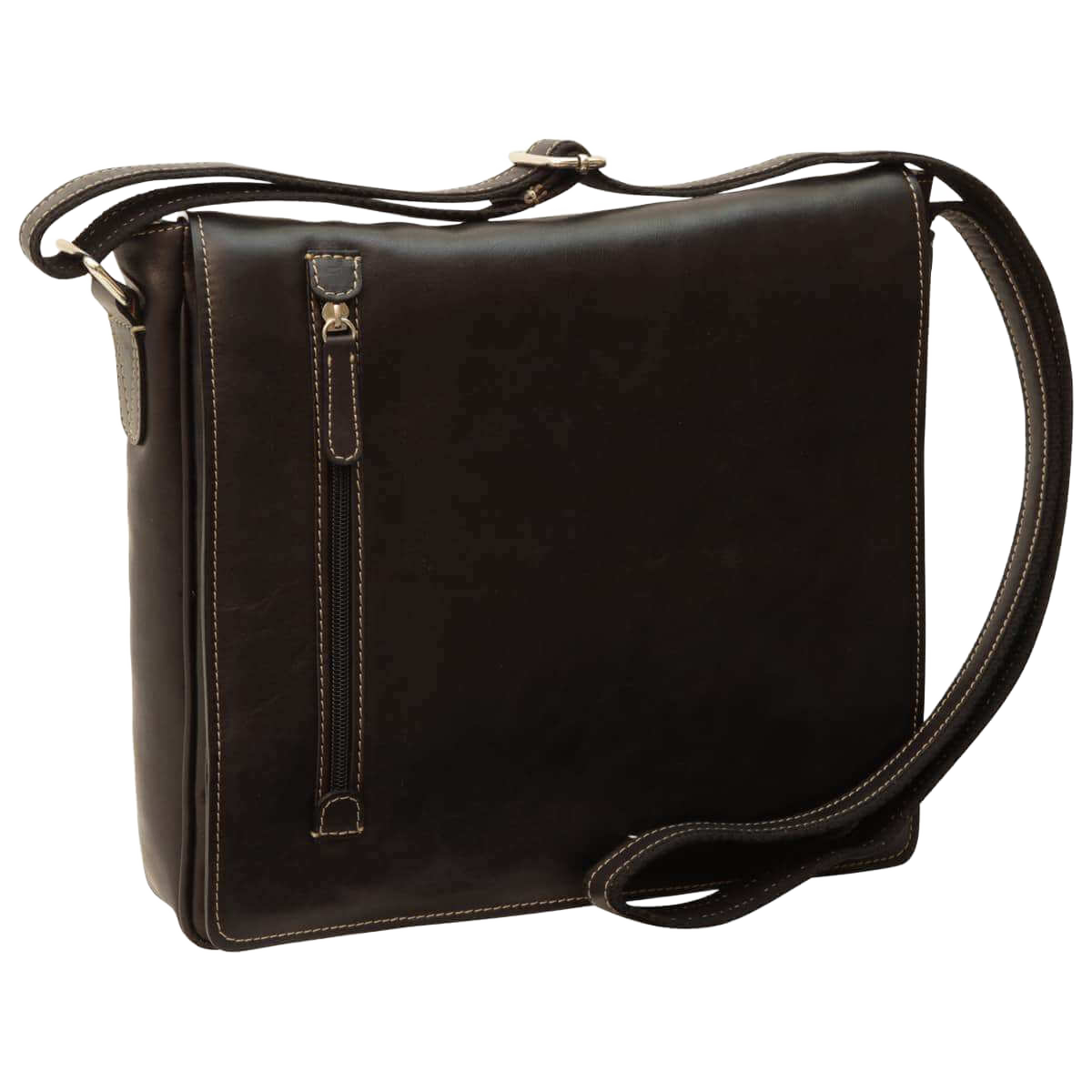 Borsa messenger in pelle nera con chiusura a fibbia e cuciture verticali