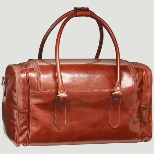 Borsa da viaggio in pelle cuoio con manici doppi e tasche frontali
